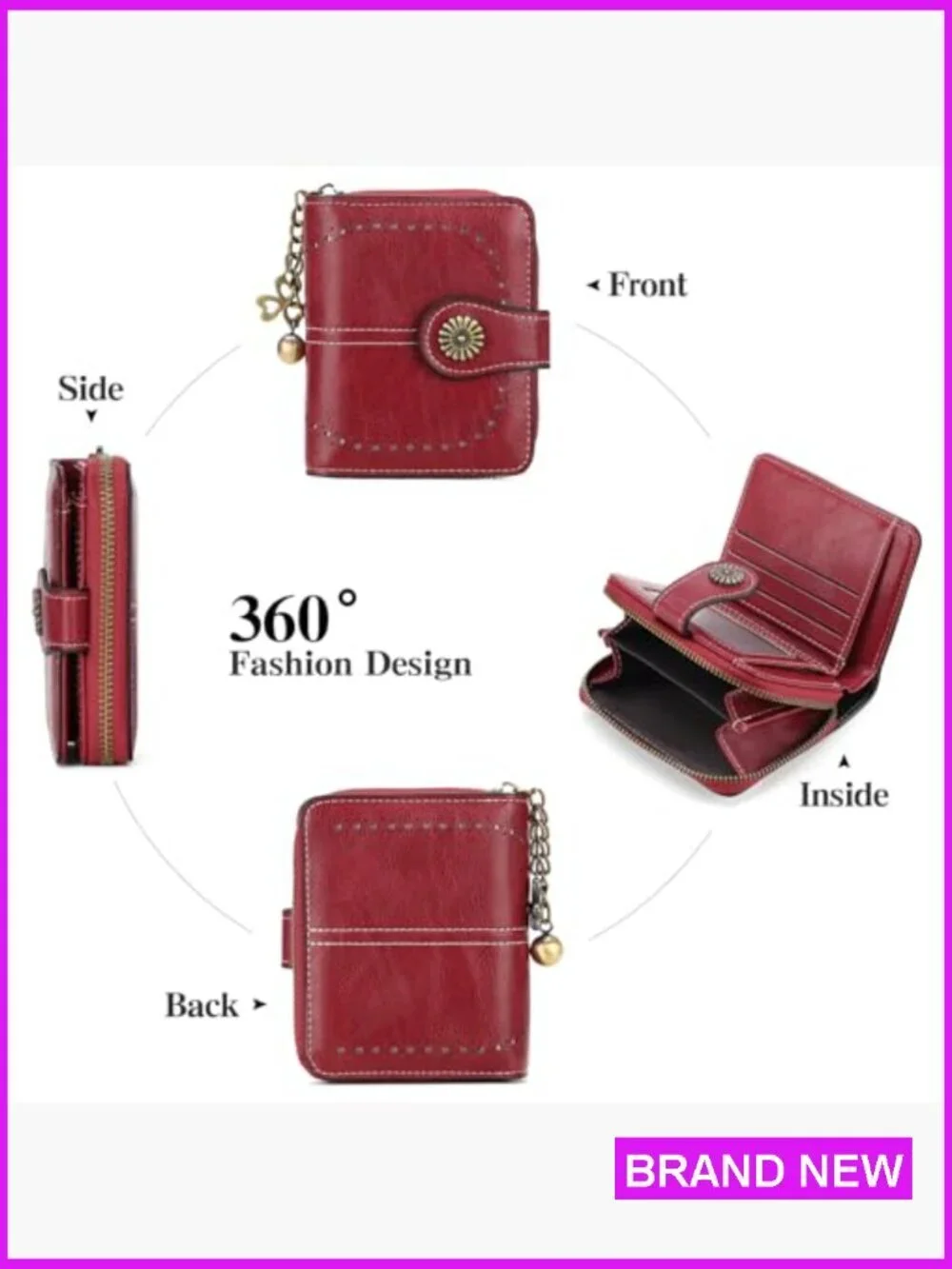 Leather Bifold Wallet Compact RFID Blocking with Zipper Coin Pocket